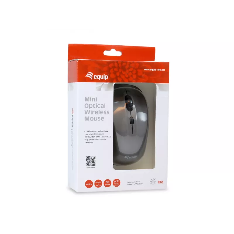 Equip Mini belaidė optinė pelė, ambidekstrinė, RF belaidė, 1600 DPI, pilka