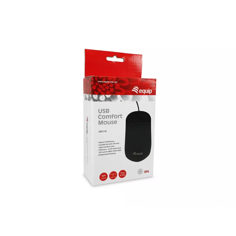 Equip USB Comfort Mouse, ambidekstrinė, optinė, USB Type-A, 1600 DPI, juoda