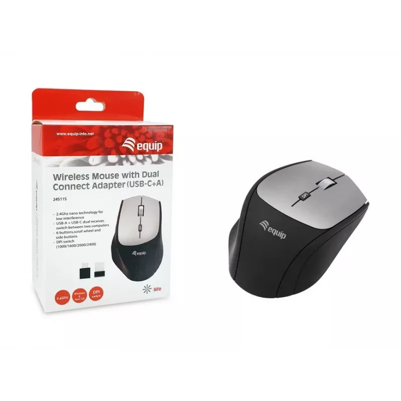 Belaidė pelė Equip 245115 su dvigubu adapteriu (USB-C+A)