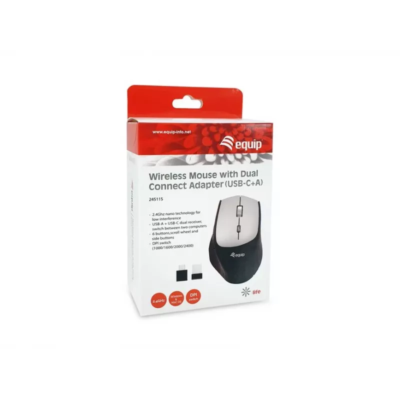 Belaidė pelė Equip 245115 su dvigubu adapteriu (USB-C+A)