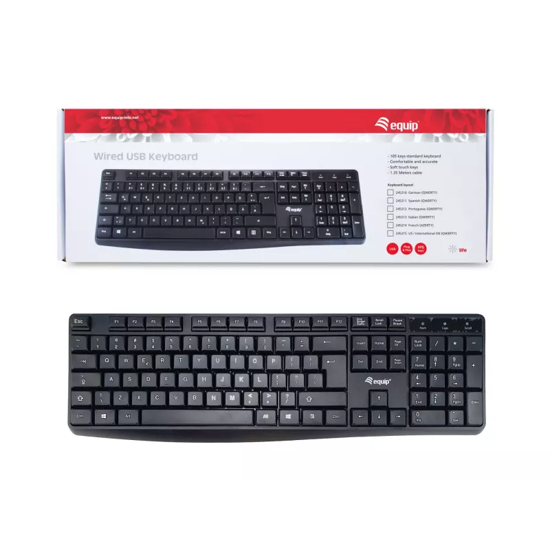 Equip Wired USB klaviatūra, JAV/tarptautinis išdėstymas (QWERTY), pilno dydžio (100 %), laidinė, USB, QWERTY, juoda