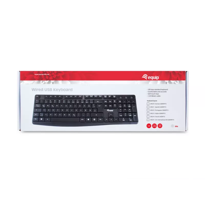 Equip Wired USB klaviatūra, JAV/tarptautinis išdėstymas (QWERTY), pilno dydžio (100 %), laidinė, USB, QWERTY, juoda
