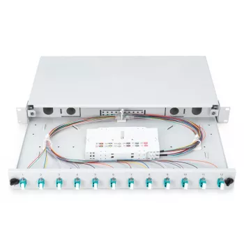 DIGITUS Optinė skirstomoji dėžė, 1U, su 12x LC duplex adapteriais, M25 varžtu, lizdine kasetė OM3 spalvotais pigtailiais