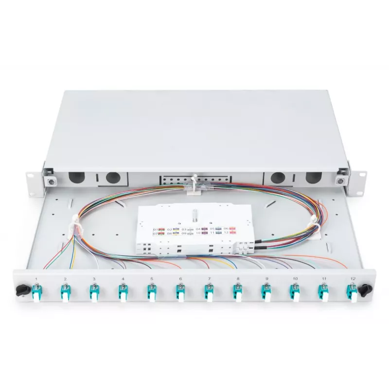 DIGITUS Optinė skirstomoji dėžė, 1U, su 12x LC duplex adapteriais, M25 varžtu, lizdine kasetė OM3 spalvotais pigtailiais
