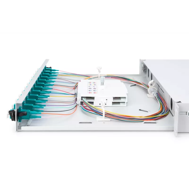 DIGITUS Optinė skirstomoji dėžė, 1U, su 12x LC duplex adapteriais, M25 varžtu, lizdine kasetė OM3 spalvotais pigtailiais