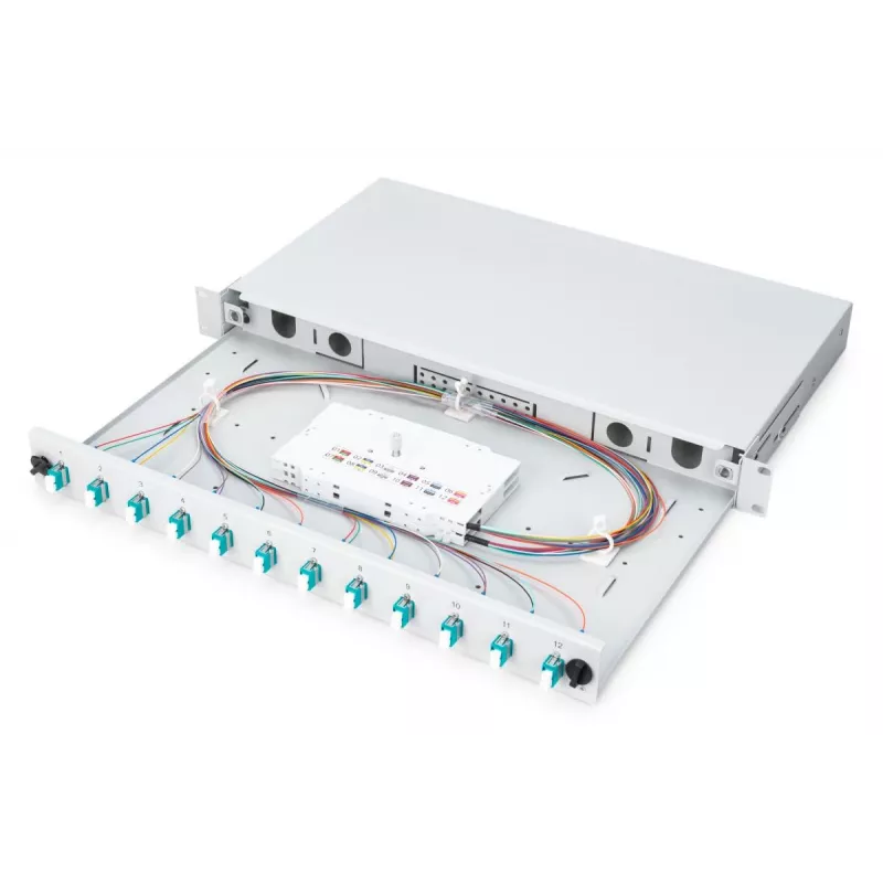 DIGITUS Optinė skirstomoji dėžė, 1U, su 12x LC duplex adapteriais, M25 varžtu, lizdine kasetė OM3 spalvotais pigtailiais
