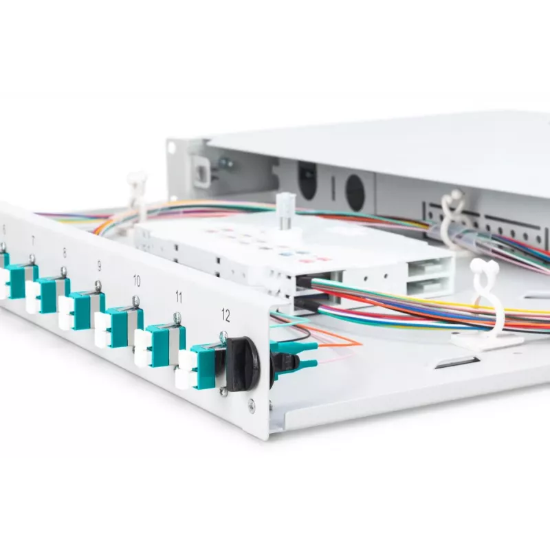 DIGITUS Optinė skirstomoji dėžė, 1U, su 12x LC duplex adapteriais, M25 varžtu, lizdine kasetė OM3 spalvotais pigtailiais