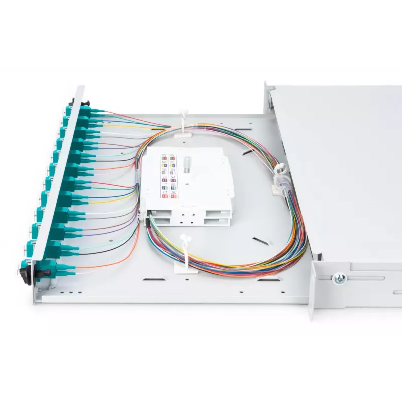 DIGITUS Optinė skirstomoji dėžė, 1U, su 12x LC duplex adapteriais, M25 varžtu, lizdine kasetė OM3 spalvotais pigtailiais