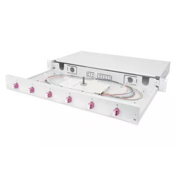 DIGITUS DN-96330-4 Slydimo skirstymo dėžutė pluoštiniams kabeliams, 1U, su 6x LC duplekso adapteriais, M25 įvorė, sujungimo kasetė, OM4 spalvoti pigtailiai