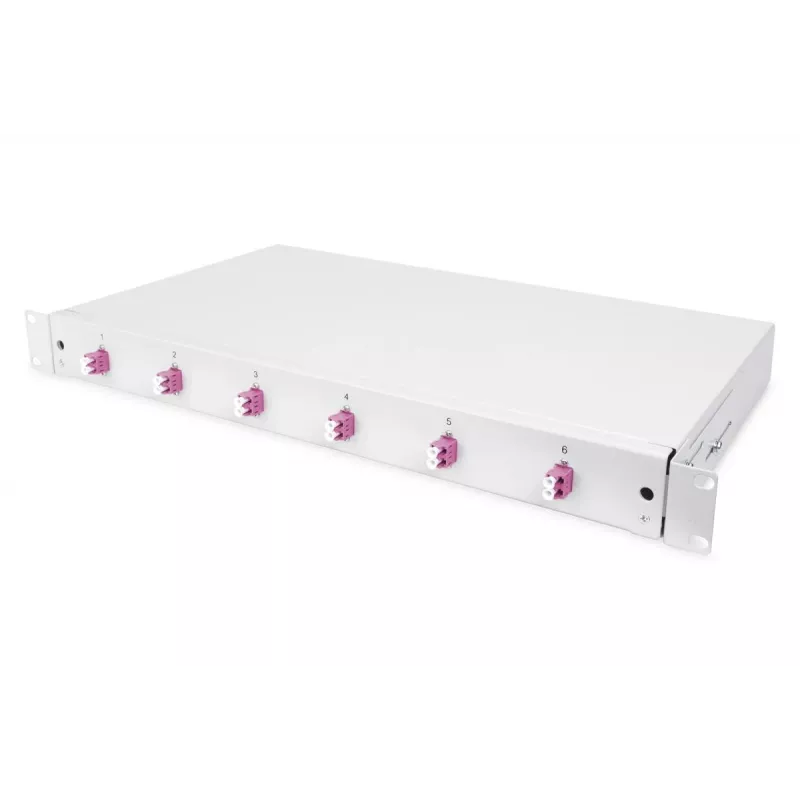 DIGITUS DN-96330-4 Slydimo skirstymo dėžutė pluoštiniams kabeliams, 1U, su 6x LC duplekso adapteriais, M25 įvorė, sujungimo kasetė, OM4 spalvoti pigtailiai