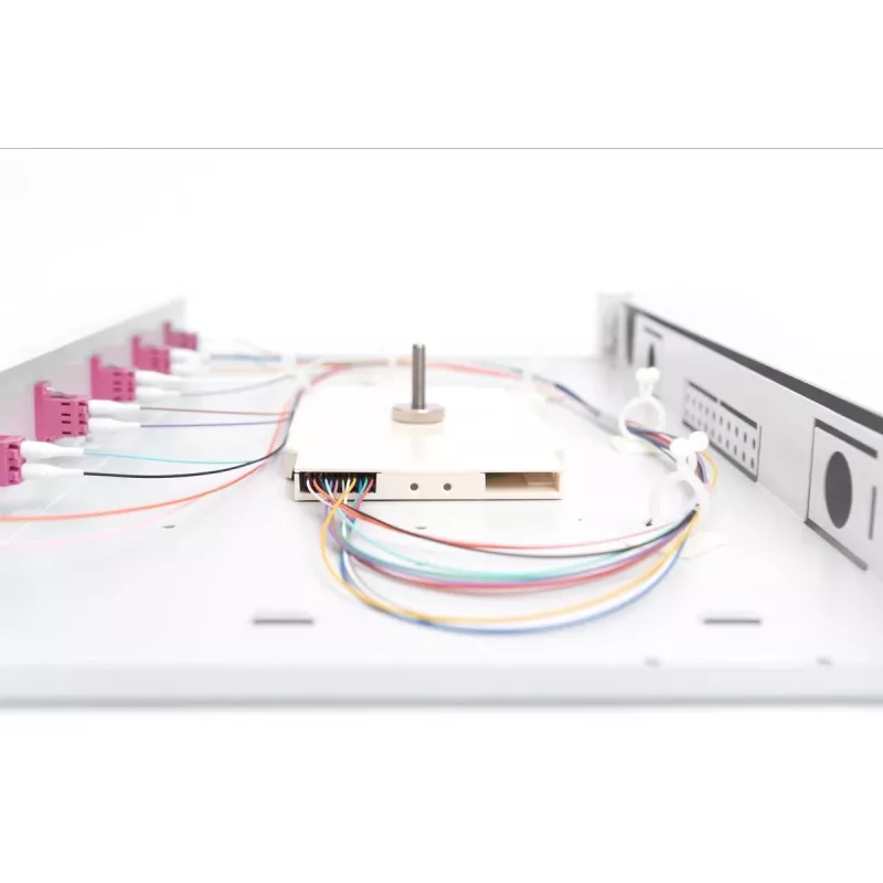 DIGITUS DN-96330-4 Slydimo skirstymo dėžutė pluoštiniams kabeliams, 1U, su 6x LC duplekso adapteriais, M25 įvorė, sujungimo kasetė, OM4 spalvoti pigtailiai