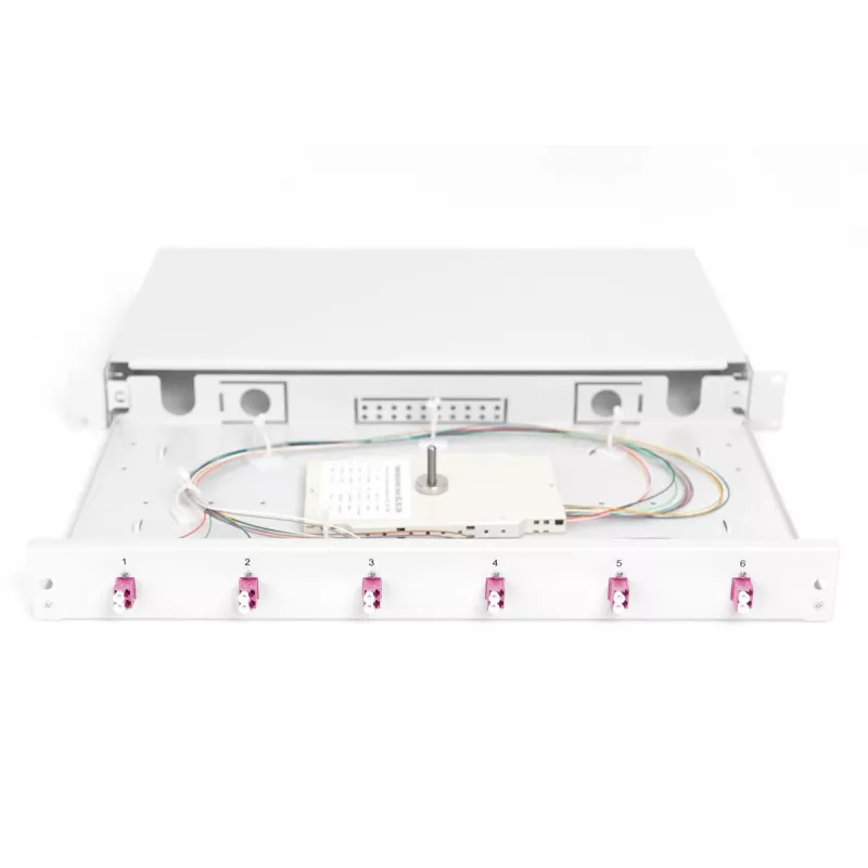 DIGITUS DN-96330-4 Slydimo skirstymo dėžutė pluoštiniams kabeliams, 1U, su 6x LC duplekso adapteriais, M25 įvorė, sujungimo kasetė, OM4 spalvoti pigtailiai