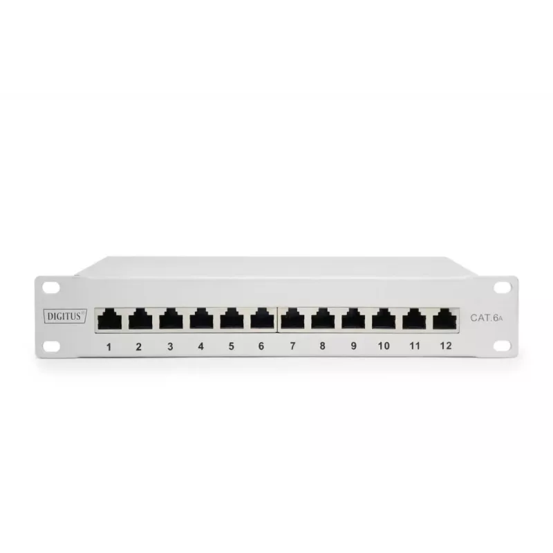 DIGITUS CAT6A pataisų skydas, ekranuotas, 12 prievadų su etikečių lauku, 1U, 10 colių stovo montavimui, pilka RAL 7035