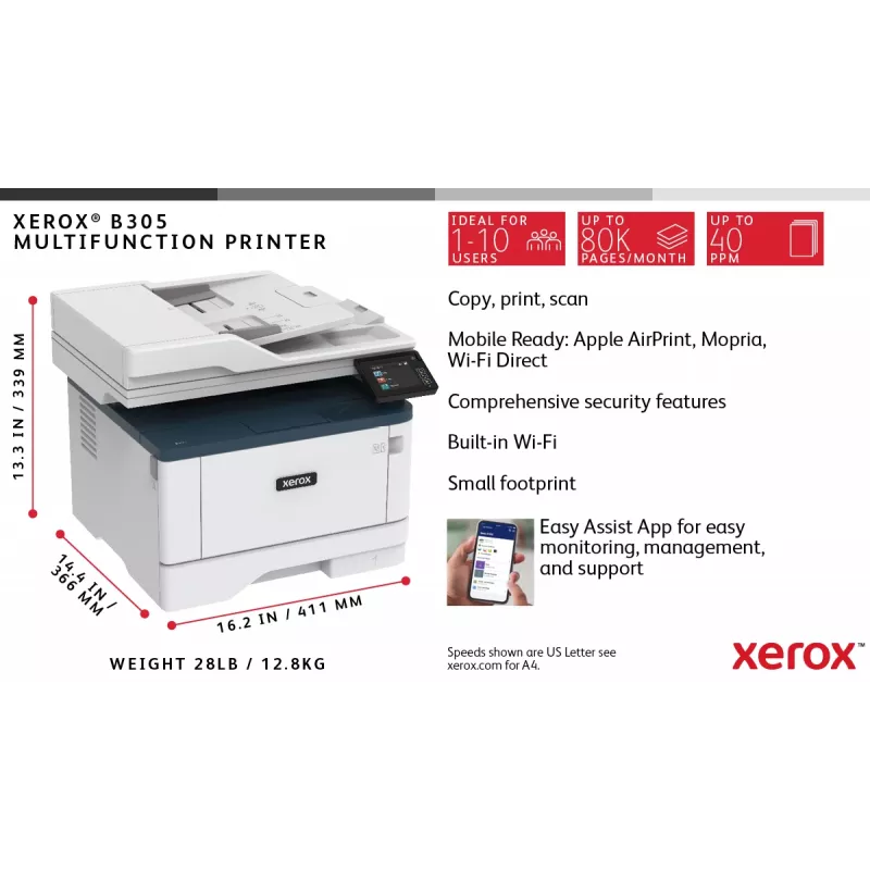 Xerox B305 A4 daugiafunkcis spausdintuvas 38ppm belaidis dvipusis spausdinimas/kopijavimas/nuskaitymas PS3 PCL5e/6 2 padėklai 350 lapų