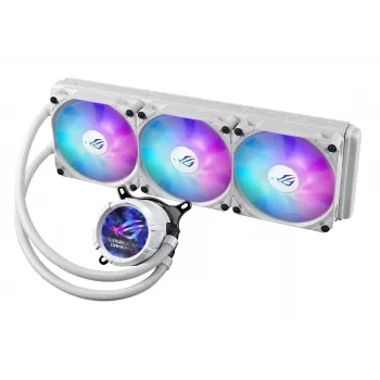 Skystas aušintuvas ASUS ROG Strix LC III 360 ARGB White Edition — 360 mm radiatorius, 3x 120 mm ventiliatoriai, LCD vandens blokas, PWM