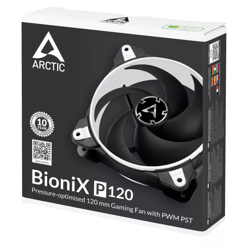 ARCTIC BioniX P120 (Balta) – 120 mm ventiliatorius žaidimų kompiuteriams, optimizuotas slėgiui, su PWM PST