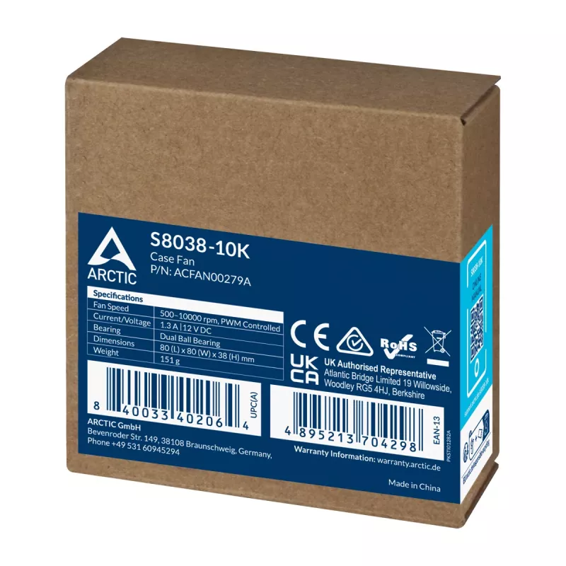 ARCTIC S8038-10K - 80 mm serverinis ventiliatorius, 8 cm, 173,3 m³/h, juodas