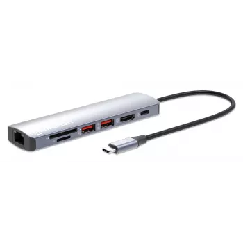Manhattan USB-C Dock/Hub su kortelių skaitytuvu, 5 prievadai: Ethernet, HDMI, USB-A (x2) ir USB-C, su Power Delivery (PD) 100W
