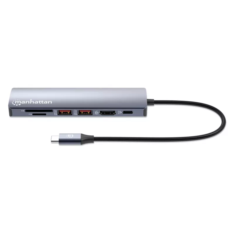 Manhattan USB-C Dock/Hub su kortelių skaitytuvu, 5 prievadai: Ethernet, HDMI, USB-A (x2) ir USB-C, su Power Delivery (PD) 100W