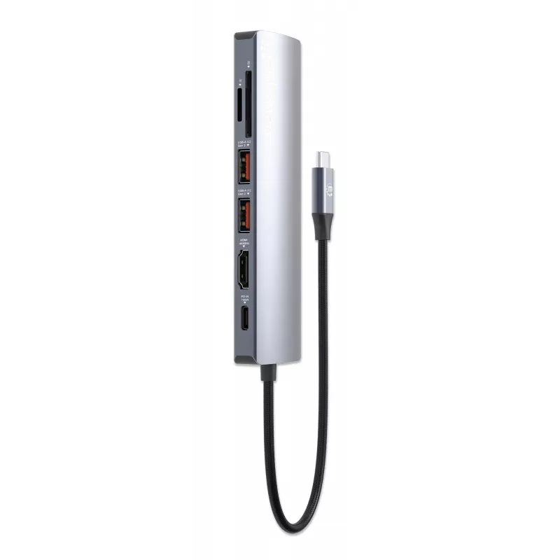 Manhattan USB-C Dock/Hub su kortelių skaitytuvu, 5 prievadai: Ethernet, HDMI, USB-A (x2) ir USB-C, su Power Delivery (PD) 100W