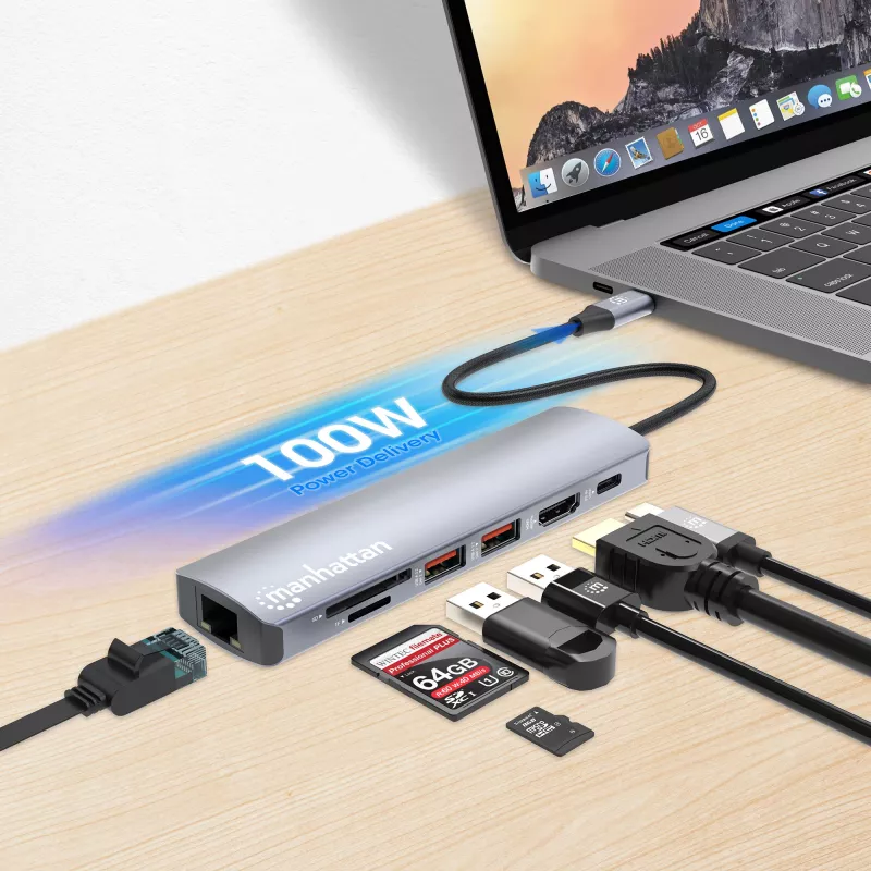 Manhattan USB-C Dock/Hub su kortelių skaitytuvu, 5 prievadai: Ethernet, HDMI, USB-A (x2) ir USB-C, su Power Delivery (PD) 100W