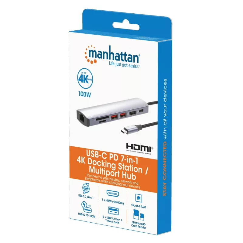 Manhattan USB-C Dock/Hub su kortelių skaitytuvu, 5 prievadai: Ethernet, HDMI, USB-A (x2) ir USB-C, su Power Delivery (PD) 100W