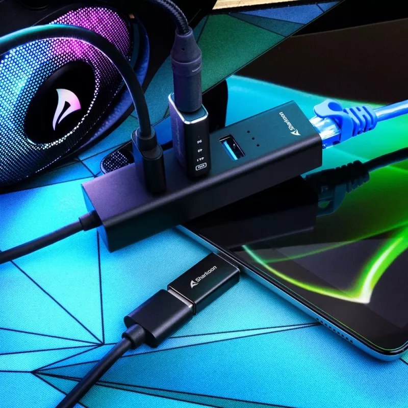 SHARKOON USB šakotuvas - 3 prievadų USB 3.2 Gen 1 aliuminis + Ethernet juodas