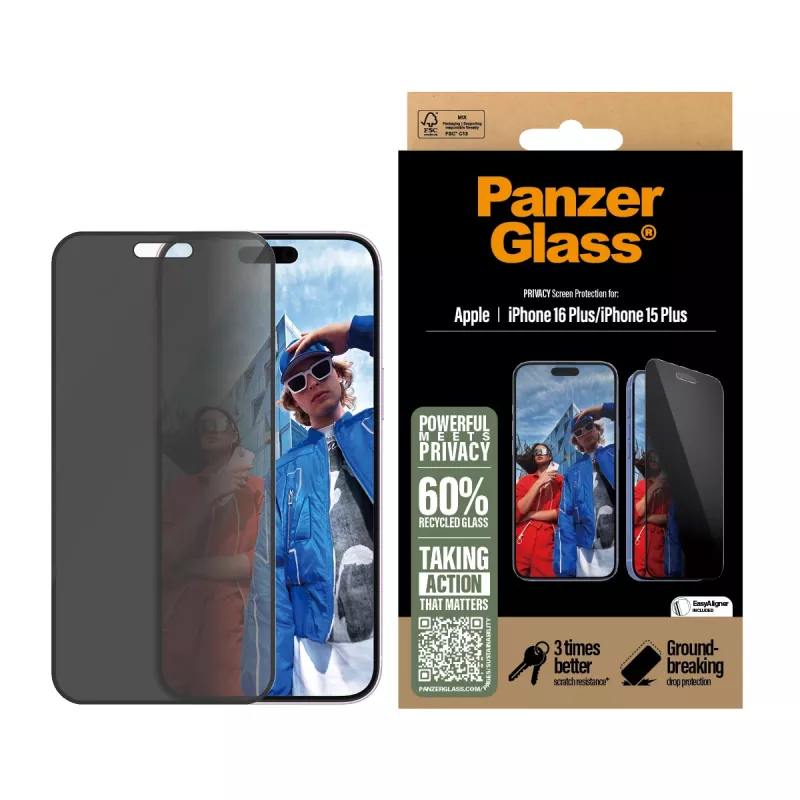 PanzerGlass® Privatumo ekrano apsauga iPhone 16 Plus | 15 Plus | Ultra-Wide Fit su EasyAligner