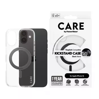 PanzerGlass CARE™ by ® Dėklas Skaidrus su Juodu Stovu ir MagSafe iPhone 16