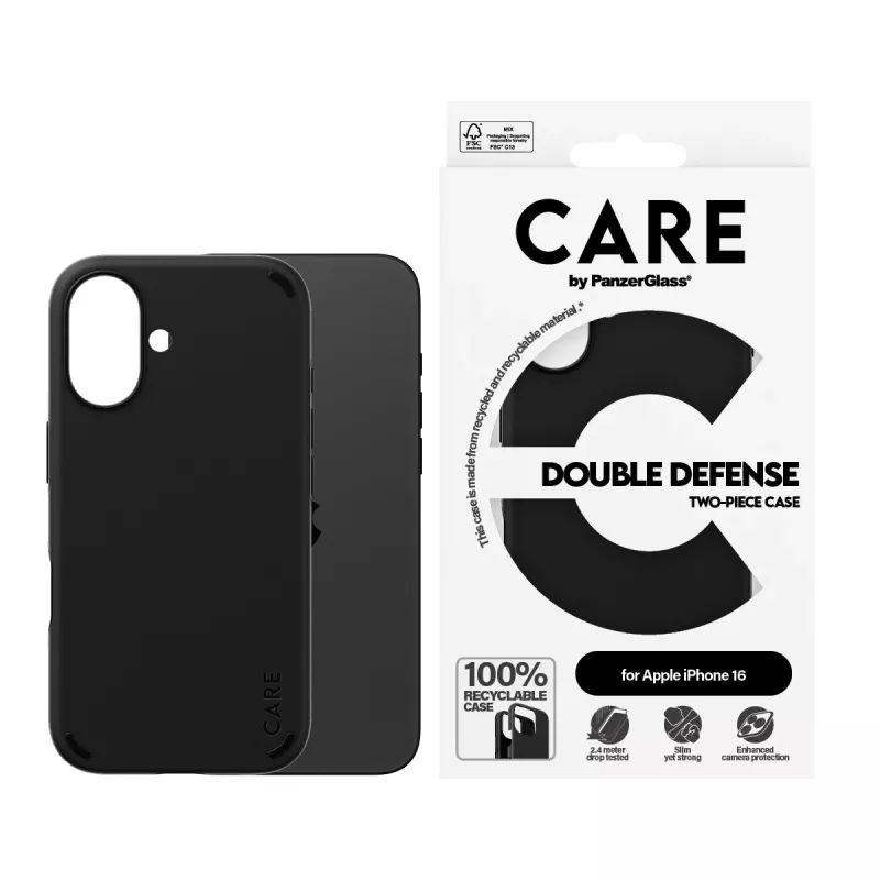 PanzerGlass CARE™ by ® Double Defense Case Black iPhone 16 – Dėklas iPhone 16, Juodas