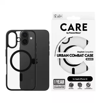 PanzerGlass CARE™ by ® Urban Combat Dėklas Skaidrus su Juodu Rėmeliu & MagSafe iPhone 16