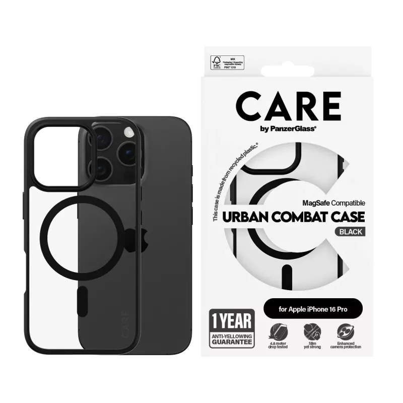 PanzerGlass CARE™ by ® Urban Combat Dėklas Skaidrus su Juodu Rėmeliu ir MagSafe iPhone 16 Pro