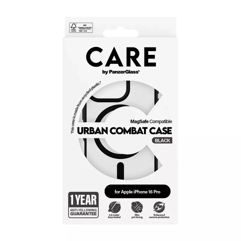 PanzerGlass CARE™ by ® Urban Combat Dėklas Skaidrus su Juodu Rėmeliu ir MagSafe iPhone 16 Pro