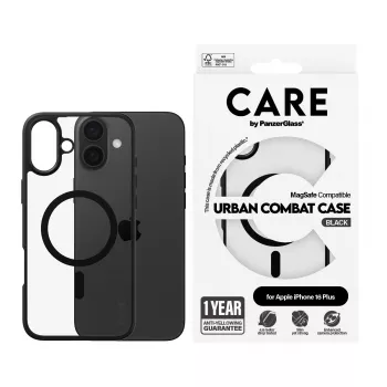 PanzerGlass CARE™ by ® Urban Combat Dėklas Skaidrus su Juodu Rėmeliu ir MagSafe iPhone 16 Plus