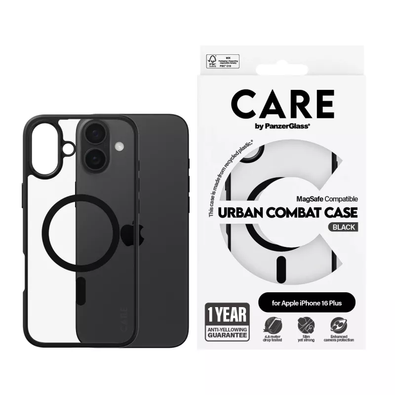 PanzerGlass CARE™ by ® Urban Combat Dėklas Skaidrus su Juodu Rėmeliu ir MagSafe iPhone 16 Plus
