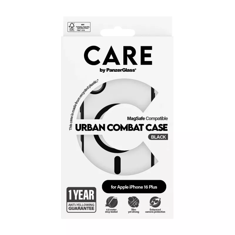 PanzerGlass CARE™ by ® Urban Combat Dėklas Skaidrus su Juodu Rėmeliu ir MagSafe iPhone 16 Plus