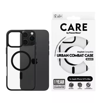 PanzerGlass CARE™ by ® Urban Combat Dėklas Skaidrus su Juodu Rėmeliu ir MagSafe, iPhone 16 Pro Max