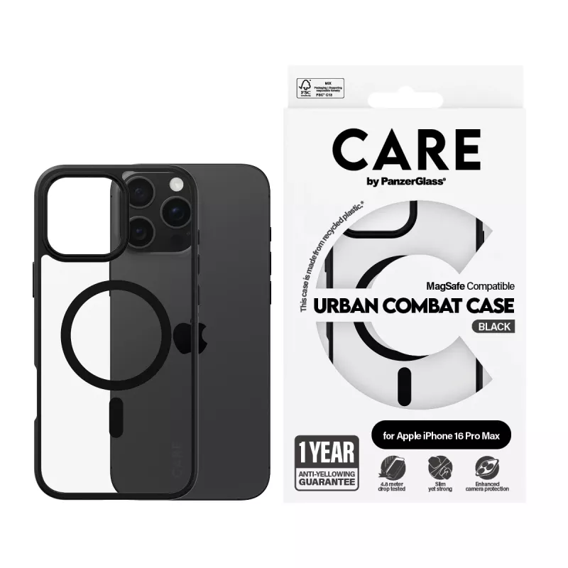 PanzerGlass CARE™ by ® Urban Combat Dėklas Skaidrus su Juodu Rėmeliu ir MagSafe, iPhone 16 Pro Max