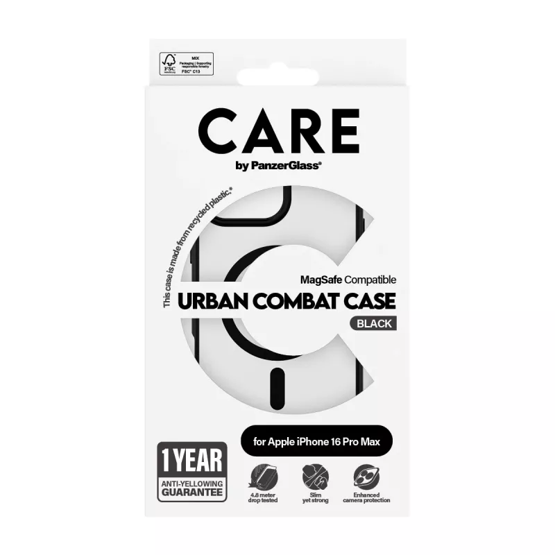 PanzerGlass CARE™ by ® Urban Combat Dėklas Skaidrus su Juodu Rėmeliu ir MagSafe, iPhone 16 Pro Max