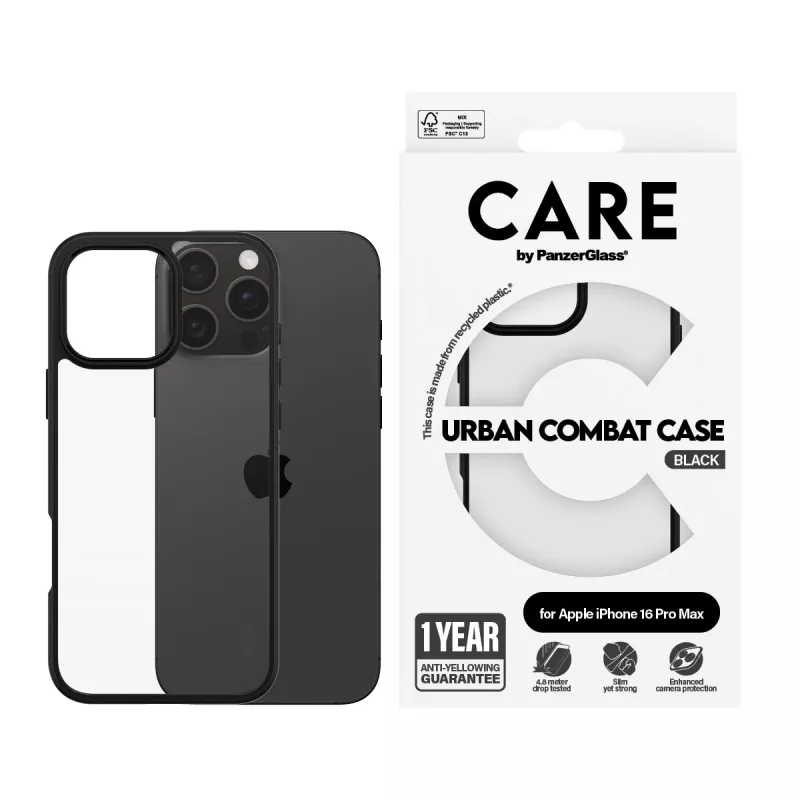PanzerGlass CARE™ by ® Urban Combat Case Skaidrus su Juodu Rėmeliu iPhone 16 Pro Max