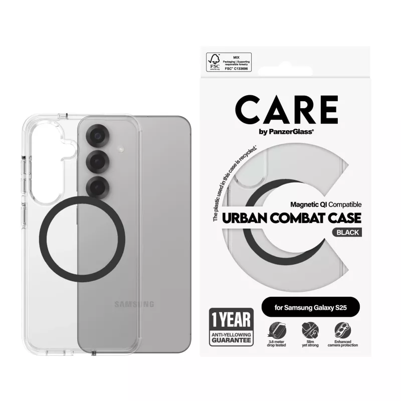 PanzerGlass CARE™ by ® Urban Combat Dėklas Skaidrus su Juodu Qi Suderinamas Samsung Galaxy S25