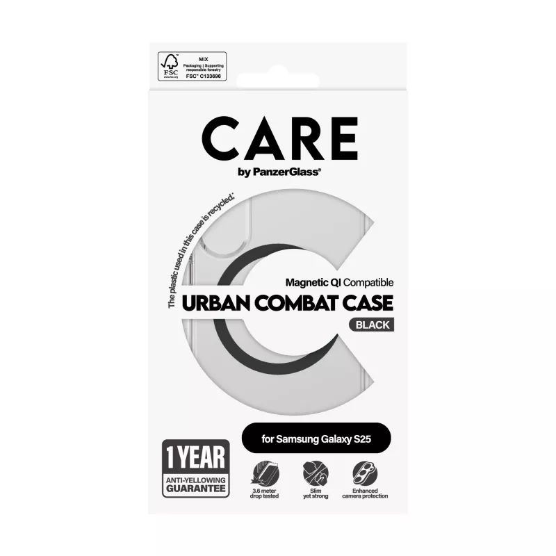 PanzerGlass CARE™ by ® Urban Combat Dėklas Skaidrus su Juodu Qi Suderinamas Samsung Galaxy S25