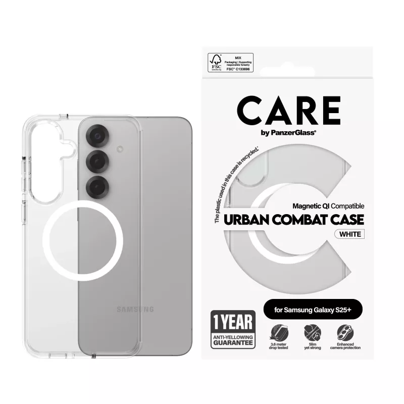 PanzerGlass CARE™ by ® Urban Combat Dėklas Skaidrus su Balta Qi Suderinamas Samsung Galaxy S25+