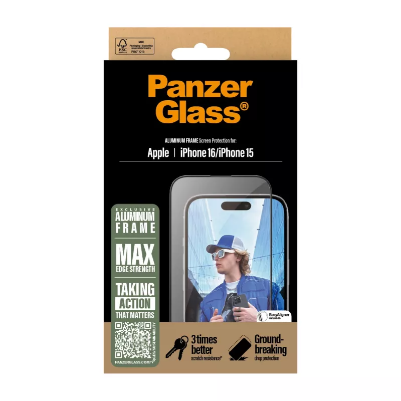 PanzerGlass® ekrano apsauga su aliumininiu rėmeliu iPhone 16 | 15 | Ultra-Wide Fit