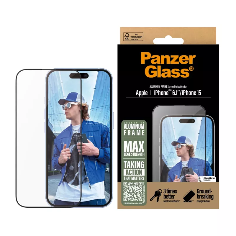 PanzerGlass® ekrano apsauga su aliumininiu rėmeliu iPhone 16 | 15 | Ultra-Wide Fit