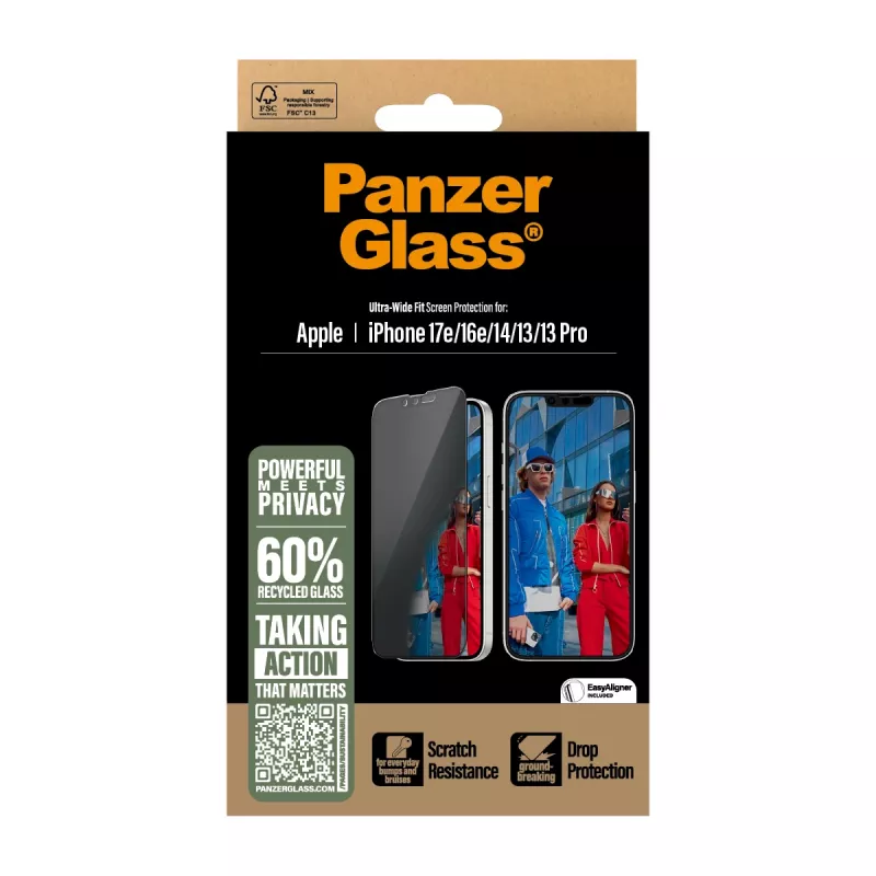 PanzerGlass® privatumo ekrano apsauga iPhone 17e | 16e | 14 | 13 | 13 Pro | Ultra-Wide Fit su EasyAligner