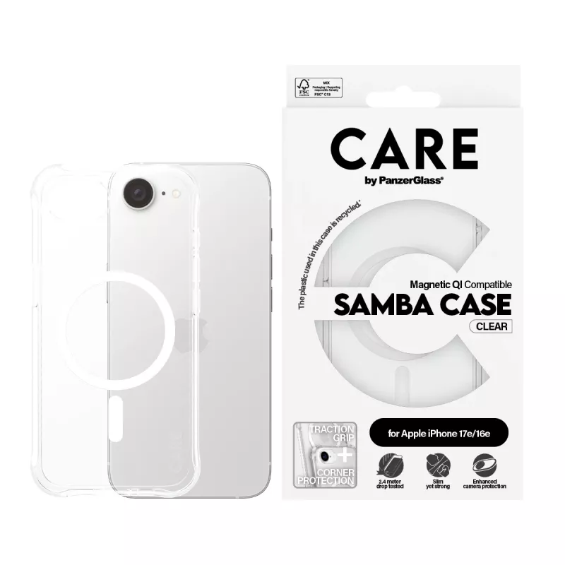PanzerGlass CARE™ by ® Samba Dėklas Skaidrus su Baltu Qi suderinamas iPhone 17e | 16e