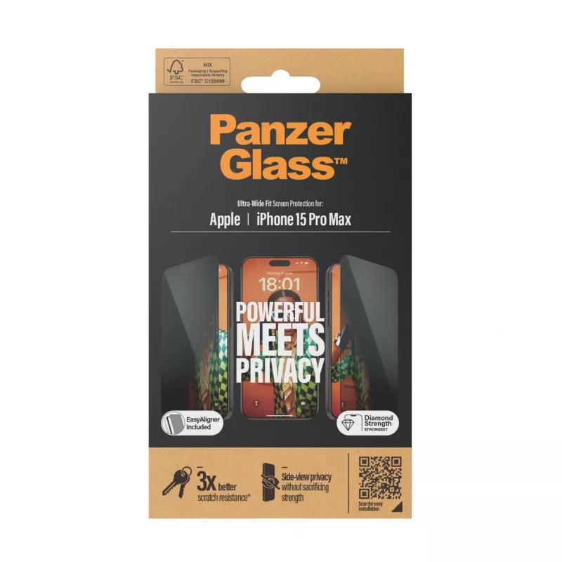 PanzerGlass® privatumo ekrano apsauga iPhone 15 Pro Max | Ultra-Wide Fit su EasyAligner