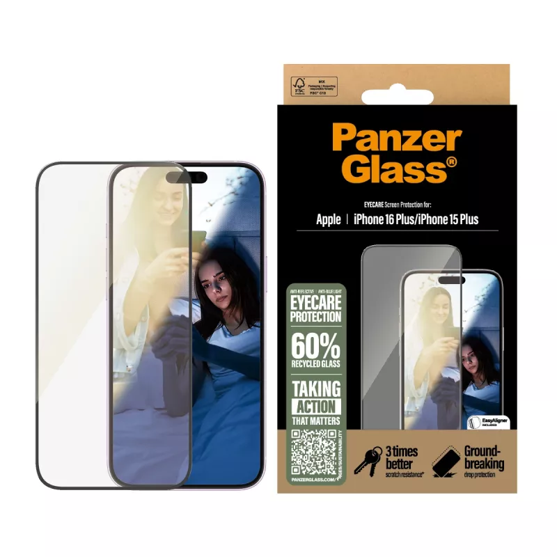 PanzerGlass® EyeCARE™ apsauginis stiklas iPhone 16 Plus | 15 Plus | Ultra-Wide Fit