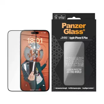 PanzerGlass ® Keraminė apsauga iPhone 15 Plus | Ultra-Wide Fit su EasyAligner